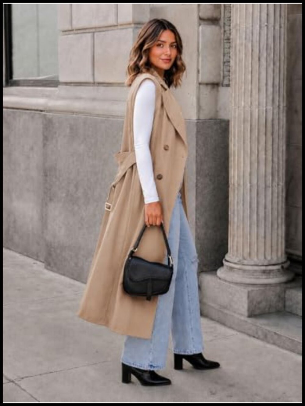 Sleeveless Double Breasted Trench Vest with Self Belt Notch Lapel Pockets - Picture 4 of 4